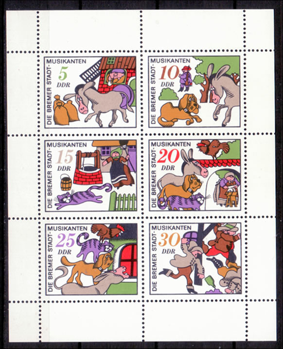 Briefmarken DDR 1971, Mi.Nr. 1717-1722 Kleinbogen, Märchen (VI): Die Bremer Stadtmusikanten. Postfrisch