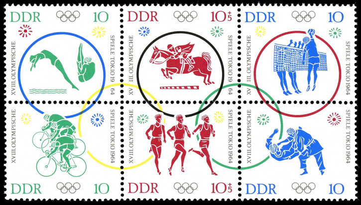 Briefmarken: DDR 1964 Mi.Nr. 1039-1044 (6er Block), Olympia Tokio II, Postfrisch