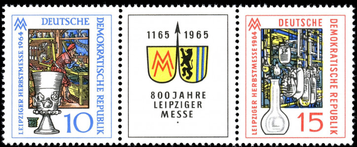Briefmarken: DDR 1964, Mi.Nr. 1052-1053 Dreierstreifen WZd141 , Leipziger Herbstmesse, Postfrisch