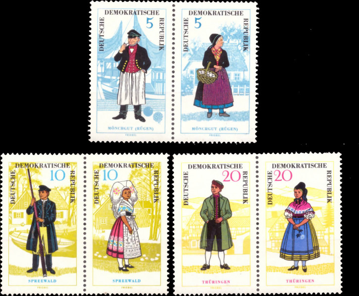 Briefmarken: DDR 1964 Mi.Nr. 1074-1079 (Paare WZd145, WZd147, WZd149), Trachten, Postfrisch