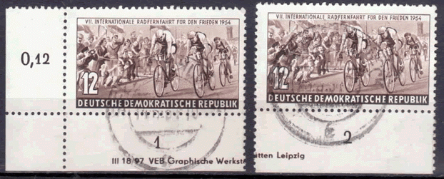 Briefmarken DDR 1954, Mi.Nr. 426DV (mit Druckvermerk), Friedensfahrt, Bogenecke mit Druckvermerk, Gestempelt