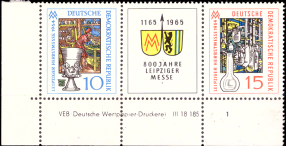 Briefmarken: DDR 1964, Mi.Nr. 1052-1053 Dreierstreifen WZd141 (mit Druckvermerk), Leipziger Herbstmesse, Postfrisch