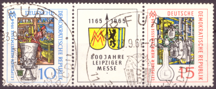 Briefmarken: DDR 1964, Mi.Nr. 1052-1053 Dreierstreifen WZd141 , Leipziger Herbstmesse, Gestempelt