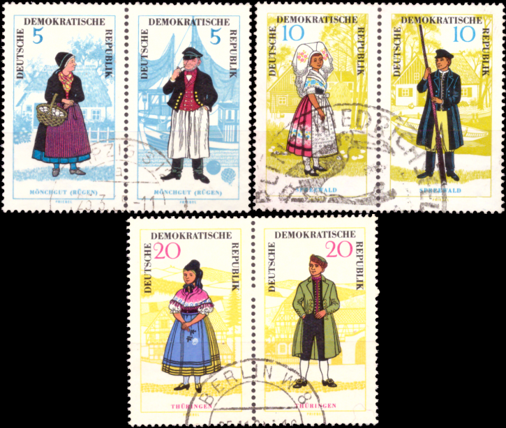 Briefmarken: DDR 1964 Mi.Nr. 1074-1079 (Paare WZd144, WZd146, WZd148), Trachten, Gestempelt
