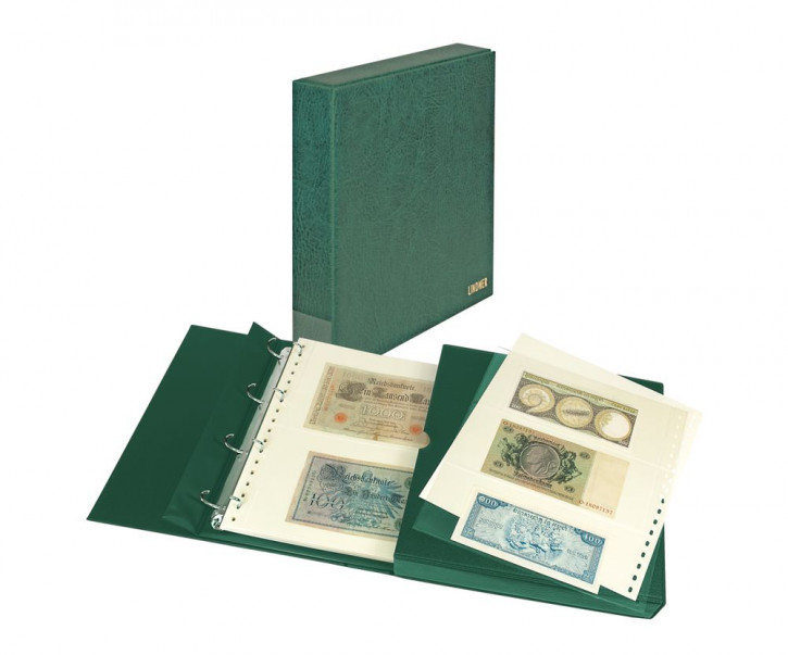 Lindner Banknoten-Album ECO inkl. Schutzkassette und 20 Klarsichthüllen Grün