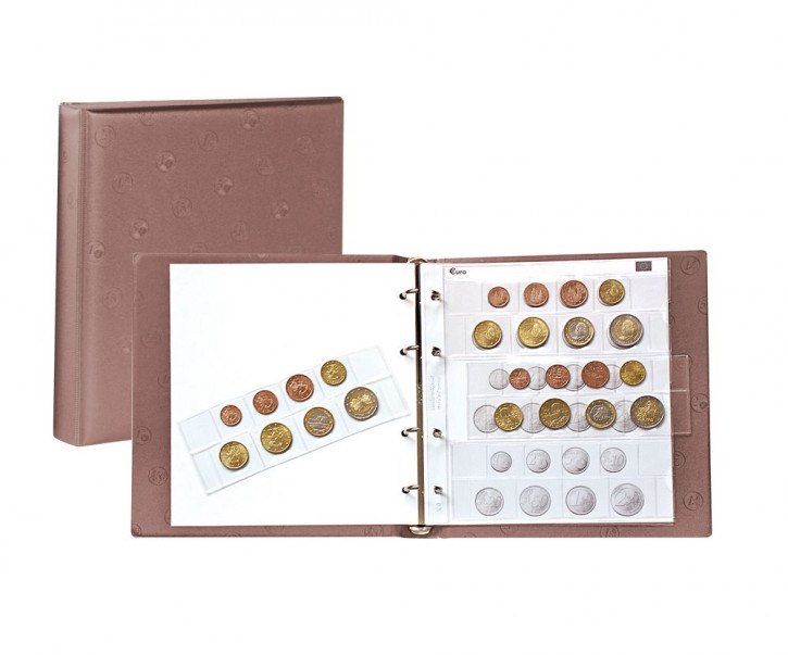 LINDNER karat-Münzalbum EURO mit 4 karat-Münzblättern K8 für jeweils drei Euro-Kursmünzen-Sätze - Hellbraun