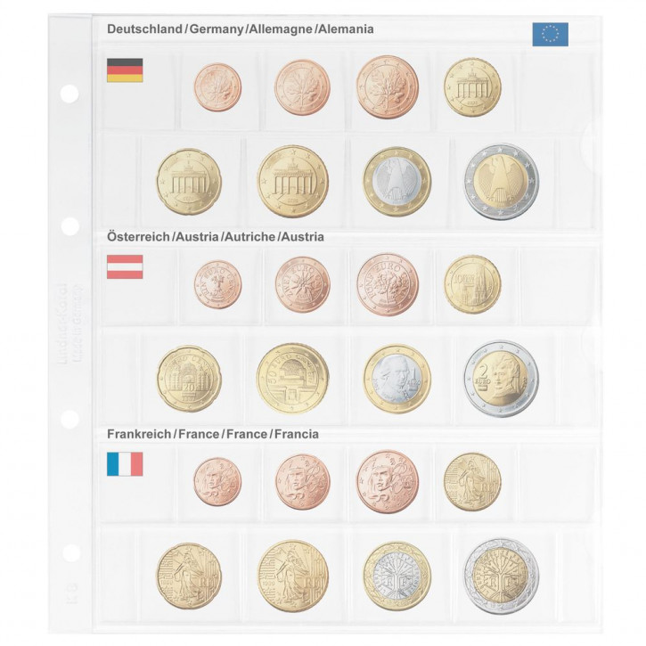 Lindner Vordruckblatt karat EURO-Kursmünzen-Sätze: Deutschland/Österreich/Frankreich