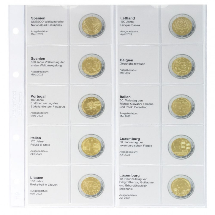Lindner Vordruckblatt karat 2 Euro-Gedenkmünzen chronologisch: Spanien 2022 - Luxemburg 2022