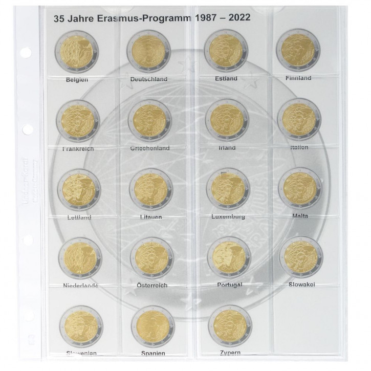 Lindner Vordruckblatt karat 2 Euro-Gedenkmünzen chronologisch: 2 Euro-Gemeinschaftsausgabe "35 Jahre Erasmus-Programm" aller 19 EURO-Länder
