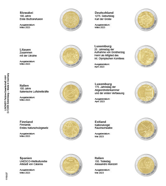 Vordruckblatt für 2 Euro-Gedenkmünzen: Slowakei 2023 - Italien 2023