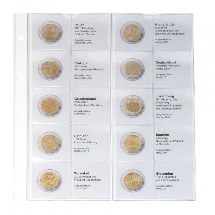 Lindner Vordruckblatt karat 2 Euro-Gedenkmünzen chronologisch: Italien 2010 - Slowenien 2011
