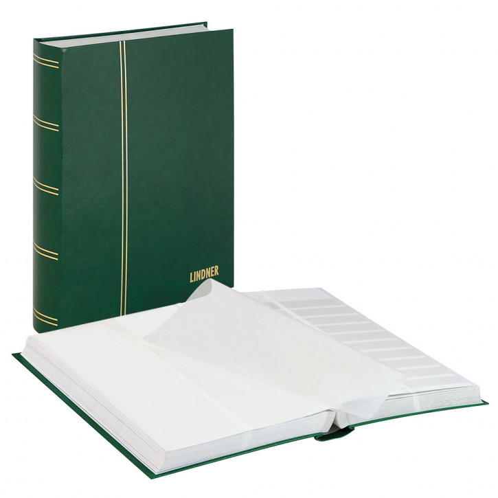 Lindner Einsteckbuch STANDARD, unwattiert, 64 weiße Seiten, geteilte Pergamin-Streifen, 230 x 305 mm, Grün