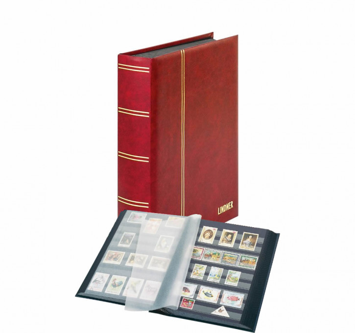 Lindner Einsteckbuch ELEGANT, wattiert, 60 schwarze Seiten, durchgehende Klarsichtfolien-Streifen, 230 x 305 mm, Rot.