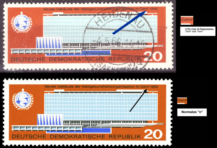 Briefmarken DDR 1966, Plattenfehler Mi.Nr. 1178 I - Feld 18, "Gehf" statt "Genf", WHO, Gestempelt
