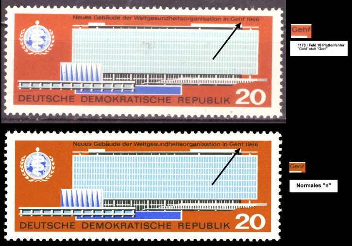 Briefmarken DDR 1966, Plattenfehler Mi.Nr. 1178 I - Feld 18, "Gehf" statt "Genf", WHO, Postfrisch