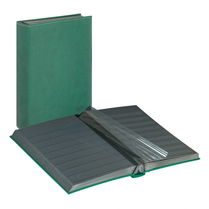 Lindner Einsteckbuch DIAMANT, wattiert, 60 schwarze Seiten, durchgehende Klarsichtfolien-Streifen, 230 x 305 mm, Grün.