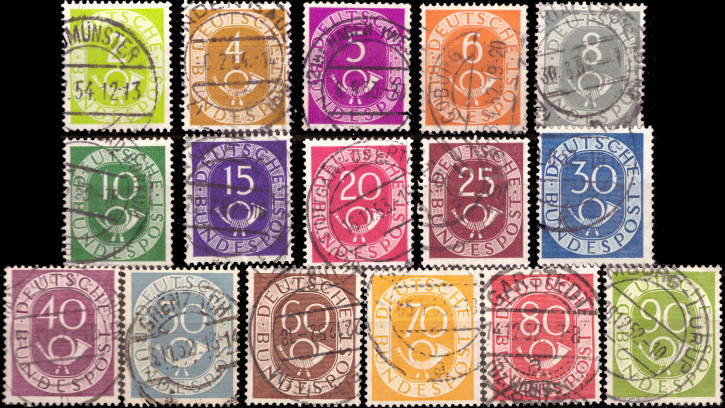 Briefmarken BRD (Bund) 1951, Mi.Nr. 123-138, Freimarken: Posthorn. Gestempelt