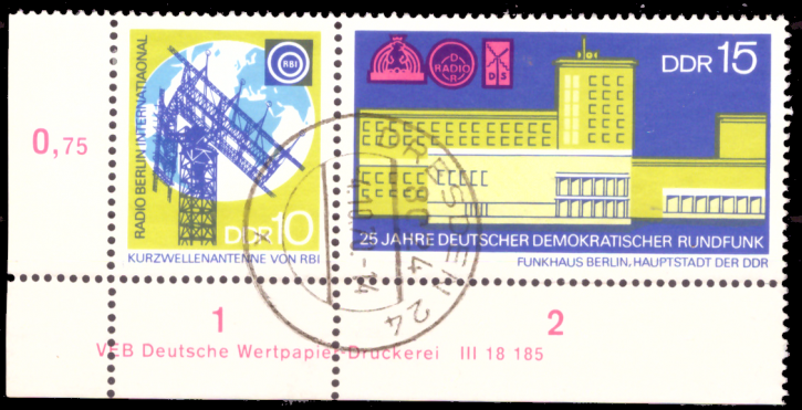 Briefmarken DDR 1970, Mi.Nr. 1573-1574 (WZd217) mit Druckvermerk, 25 Jahre Deutscher Demokratischer Rundfunk. Gestempelt