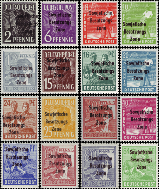 Briefmarken SBZ 1948, Mi.Nr. 182-197 (ohne 195 mit A 195), Freimarken: Arbeiter mit Aufdruck, Postfrisch