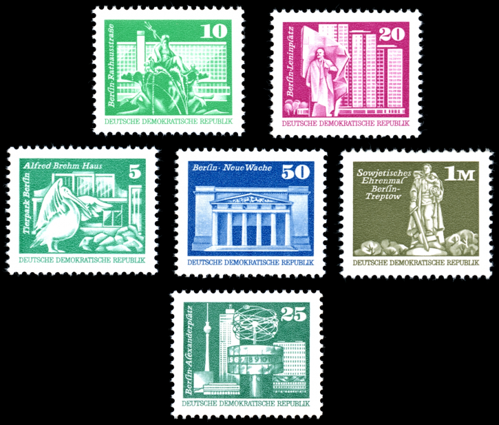 Briefmarken: DDR 1973 - 1975, Mi. Nr. 1868-1869, 1947-1948, 1968, 2022, Dauerserie: Aufbau in der DDR Kleinformat, Rastertiefdruck. Postfrisch