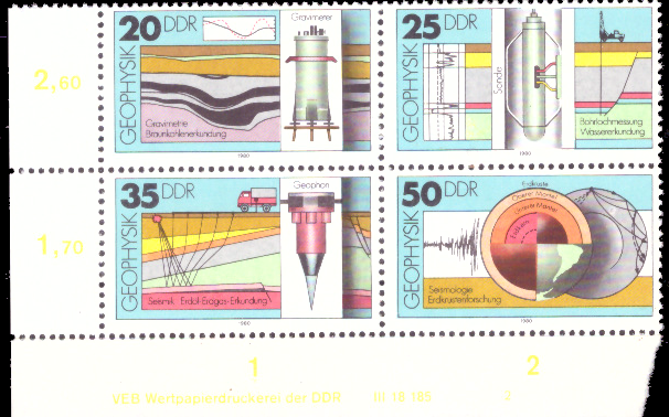 Briefmarken DDR 1980, MiNr. 2557-2560 Viererblock DV (Druckvermerk), Geophysik. Postfrisch.