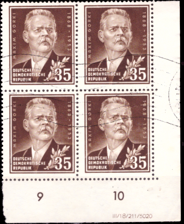 Briefmarken DDR 1953, Mi.Nr. 354 DV (Druckvermerk), Viererblock, Maksim Gorki, Gestempelt