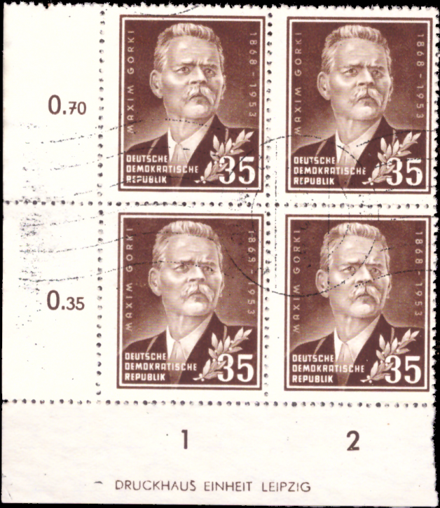 Briefmarken DDR 1953, Mi.Nr. 354 DZ (Druckereizeichen), Viererblock, Maksim Gorki, Gestempelt