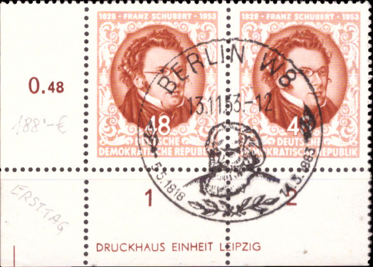 Briefmarken DDR 1953, 2x Mi.Nr. 404 DZ (Druckereizeichen), Franz Schubert, EST (Ersttagssonderstempel)