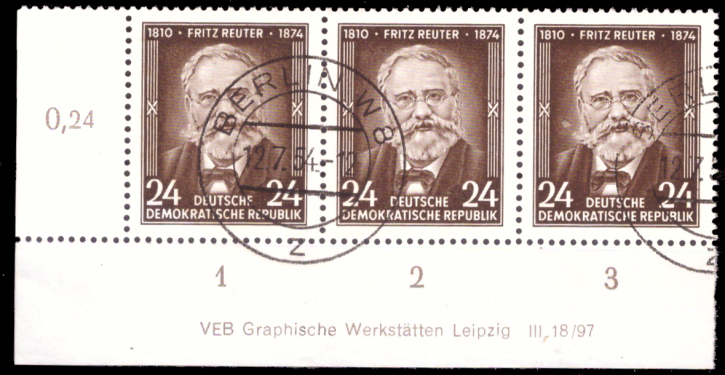 Briefmarken DDR 1954, Mi. Nr. 430 DV (Druckvermerk), Fritz Reuter, Gestempelt