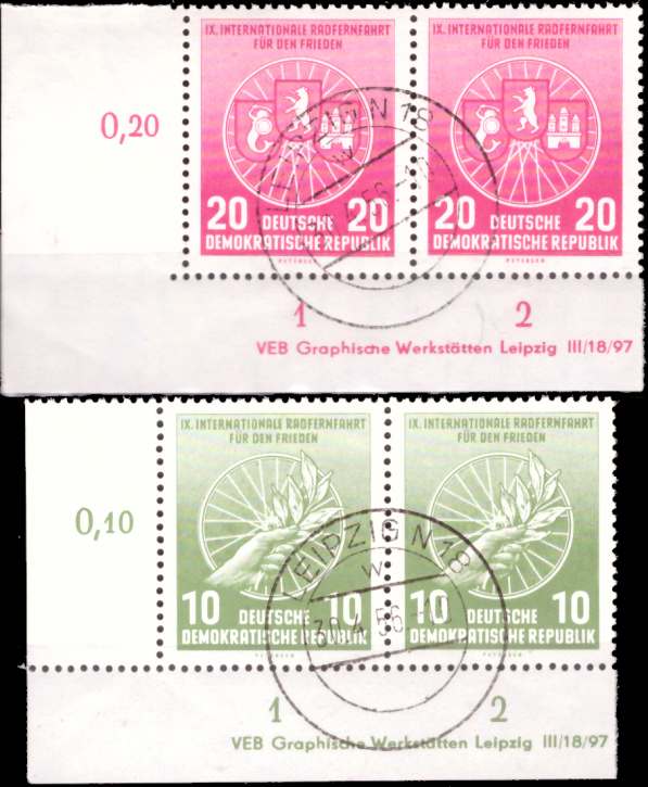 Briefmarken: DDR 1956, Mi.Nr. 521 DV - 522 DV (mit Druckvermerk), Int. Radfernfahrt, Est Gestempelt