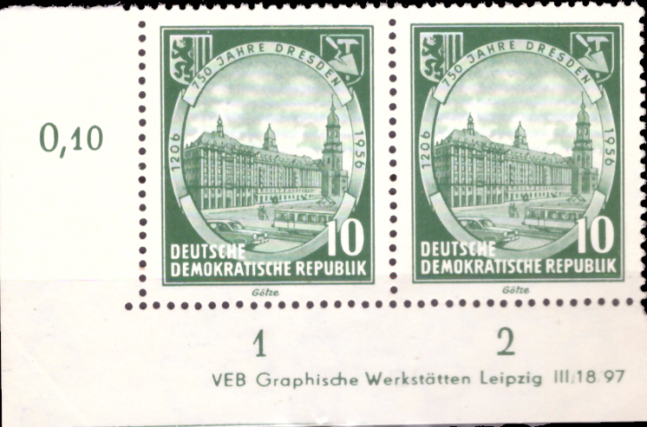 Briefmarken: DDR 1956, Mi.Nr. 524  DV (Druckvermerk), 750 Jahre Dresden, Postfrisch
