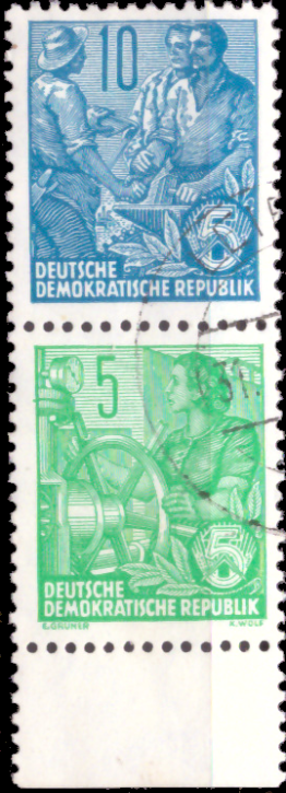 Briefmarken: DDR 1955, Mi.Nr. aus MHB 1, S 5 (453/406), Zusammendruck aus Markenheftchenbogen 1, Fünfjahrplan. Gestempelt