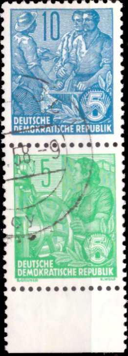 Briefmarken: DDR 1955, Mi.Nr. aus MHB 1, S 5 (453/406), Zusammendruck aus Markenheftchenbogen 1, Fünfjahrplan. Gestempelt