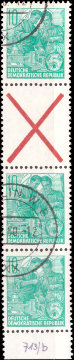 Briefmarken: DDR 1960, Mi.Nr. aus MHB 7-9, SZ10 (704/x/704), Zusammendruck aus Markenheftchenbogen 7-9, Fünfjahrplan. Gestempelt