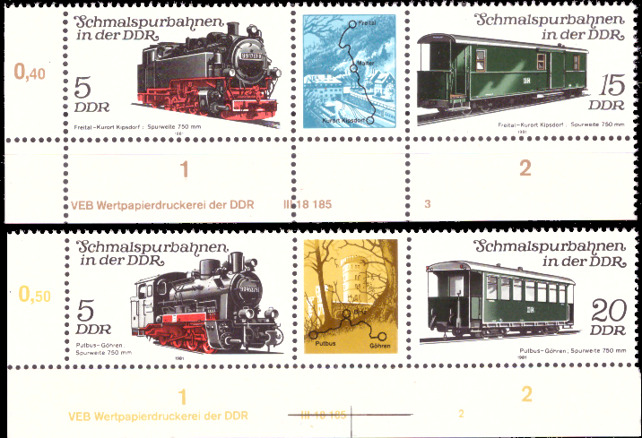 Briefmarken: DDR 1981, Mi. Nr. WZd506 DV, WZd512 DV (2629-2632), Schmalspurbahnen (II). Postfrisch
