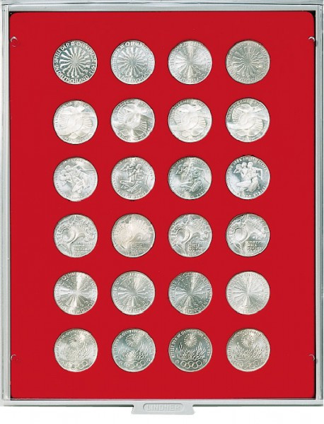 LINDNER Münzbox STANDARD mit 24 runden Vertiefungen für Münzen mit Ø32,5 mm, z.B. für deutsche 20 Euro- bzw. 10 Euro-Silbermünzen
