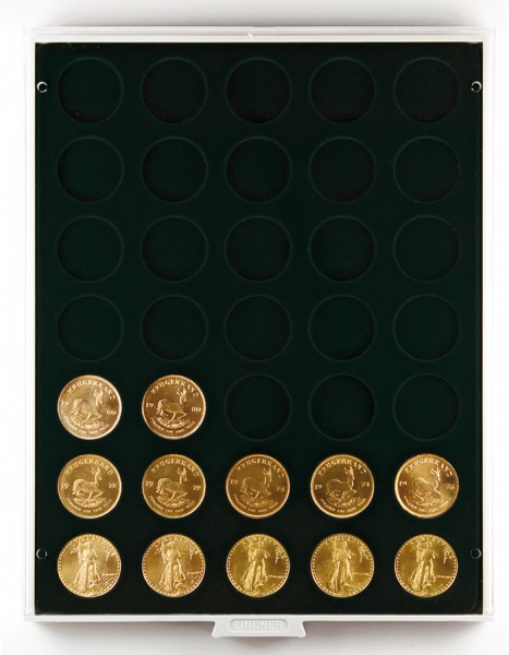 LINDNER Münzbox CARBO mit 35 runden Vertiefungen für Münzen mit Ø32,5 mm, z.B. für deutsche 20 Euro- bzw. 10 Euro-Silbermünzen