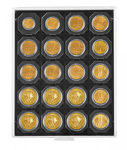 LINDNER Münzbox CARBO mit 20 quadratischen Fächern für Münzrähmchen 50x50 mm/Münzkapseln CARRÉE/OCTO Münzkapseln