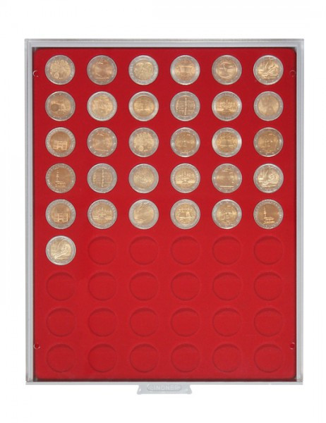 LINDNER Münzbox STANDARD mit 54 runden Vertiefungen für Münzen mit Ø25,75 mm, z.B. für 2 Euro-Münzen