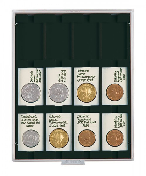 LINDNER Münzbox CARBO mit 12 rechteckigen Fächern für REBECK COIN L Münzrähmchen 75x50 mm
