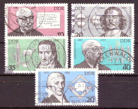 Briefmarken: DDR 1977, MiNr. 2199 - 2202 + 2215, Bedeutende Persönlichkeiten (IV + V). Gestempelt