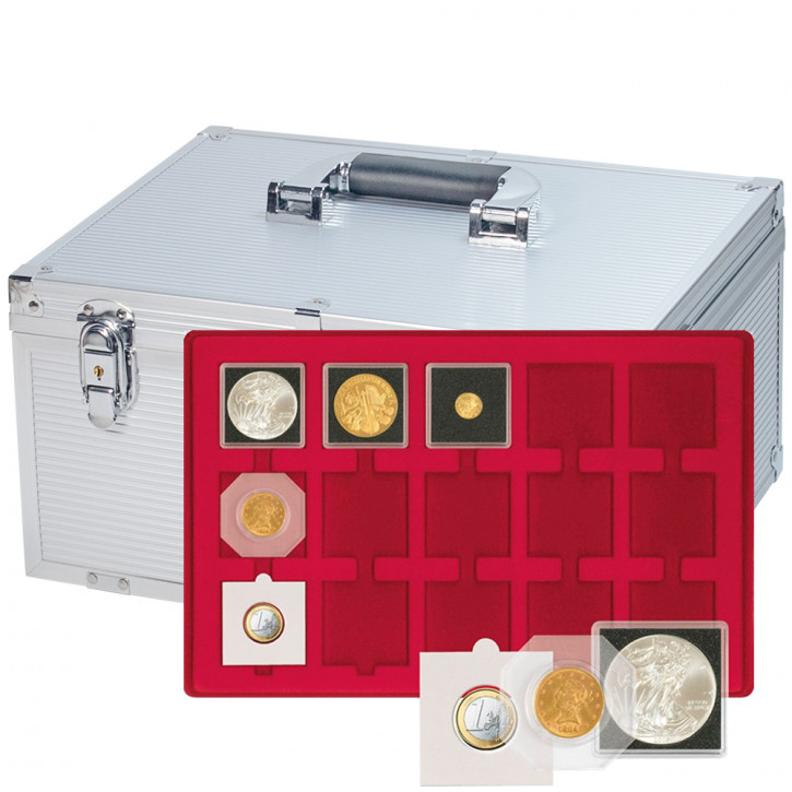 Lindner Alu-Koffer MAGNUS inklusive 10 Münztableaus für 15 Münzrähmchen, OCTO-/CARREE-Kapseln, 50 x 50 mm
