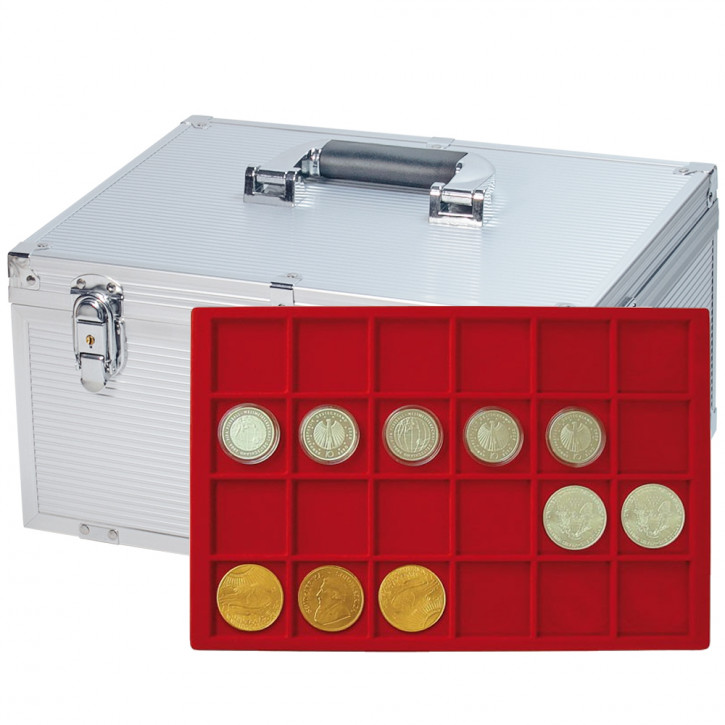 Lindner Alu-Koffer MAGNUS inklusive 10 Münztableaus für 24 Münzen bis 45 mm Ø