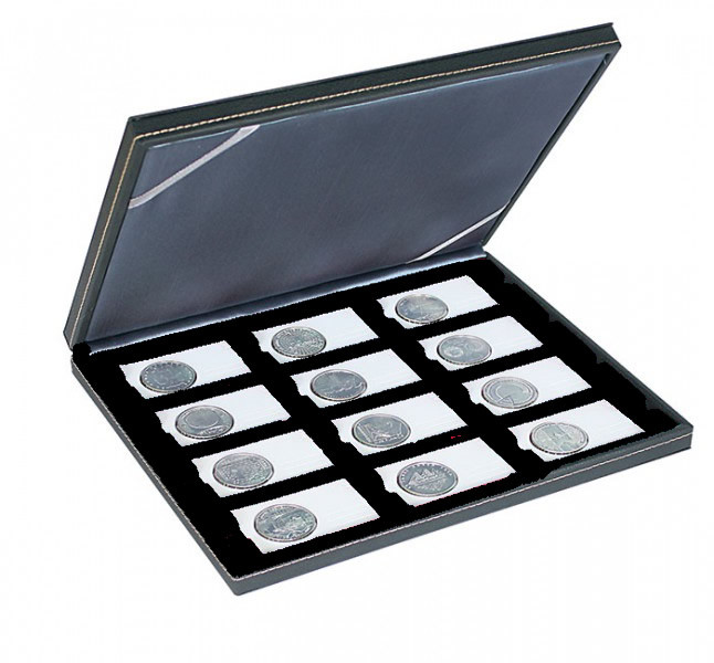 LINDNER Münzkassette NERA M mit schwarzer Münzeinlage mit 12 rechteckigen Fächern für REBECK COIN L Münzrähmchen 75x50 mm