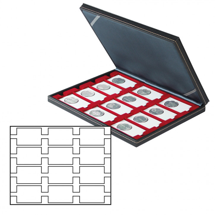 LINDNER Münzkassette NERA M mit hellroter Münzeinlage mit 12 rechteckigen Fächern für REBECK COIN L Münzrähmchen 75x50 mm