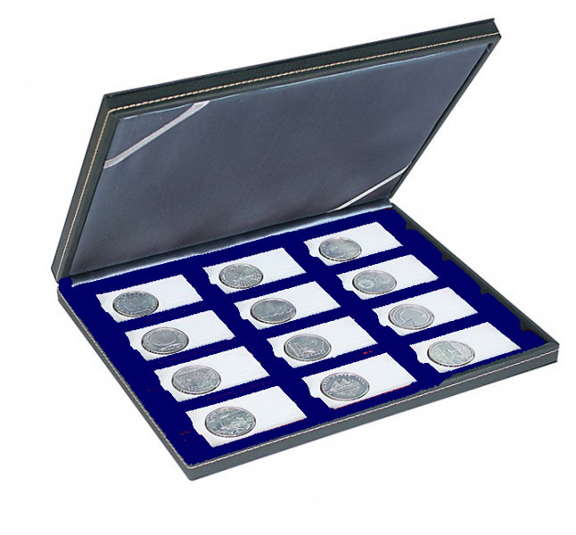 LINDNER Münzkassette NERA M mit dunkelblauer Münzeinlage mit 12 rechteckigen Fächern für REBECK COIN L Münzrähmchen 75x50 mm