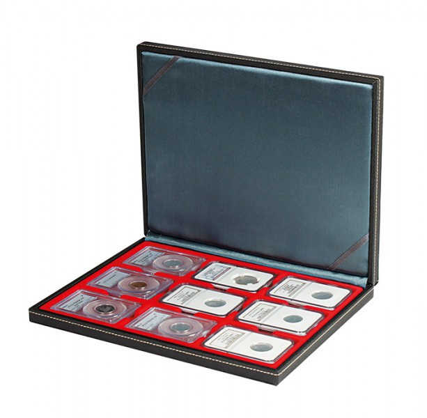 LINDNER Münzkassette NERA M mit hellroter Münzeinlage für 9 US-Münzkapseln (Slabs) bis zu einem Format von 63x85 mm