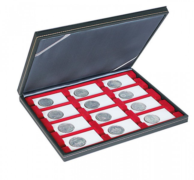 LINDNER Münzkassette NERA M mit dunkelroter Münzeinlage mit 12 rechteckigen Fächern für REBECK COIN L Münzrähmchen 75x50 mm