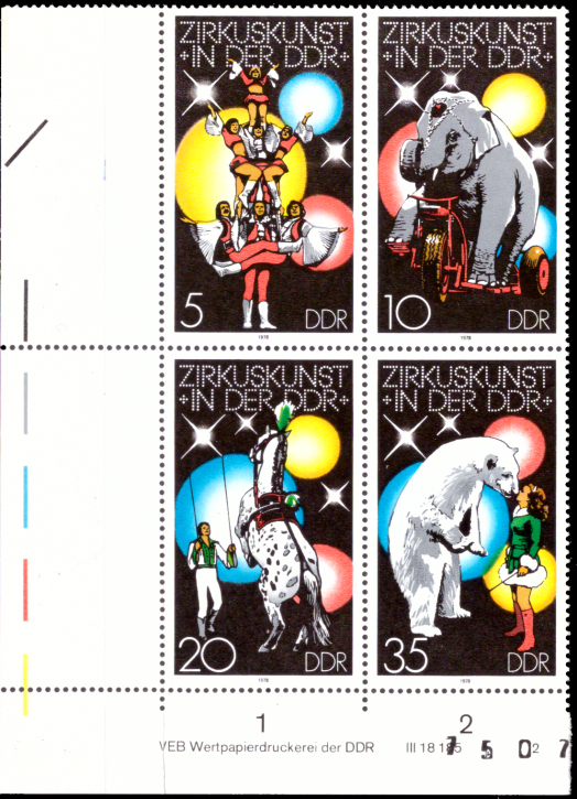 Briefmarken DDR 1978, Mi.Nr. 2364-2367 Viererblock DV (mit Druckvermerk), Zirkuskunst in der DDR (I). Postfrisch