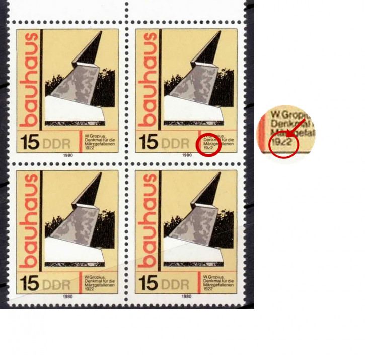 Briefmarken DDR 1980, Mi.Nr. 2510 I f10 Plattenfehler I Feld 10, erste "2" in "1922" gebrochen, 4er Block, Postfrisch